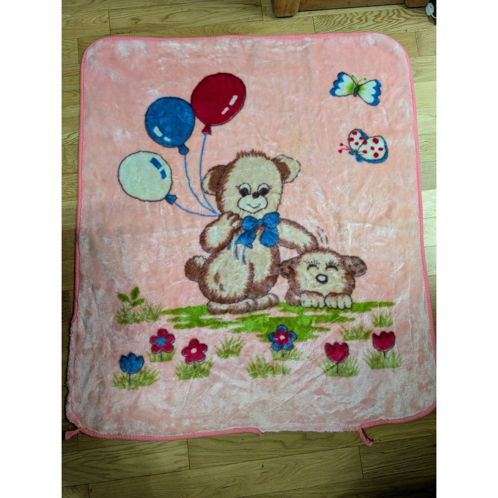 Vtg Pink Mink Baby Blanket Bear Puppy Balloons Butterfly Minky Security Blankie